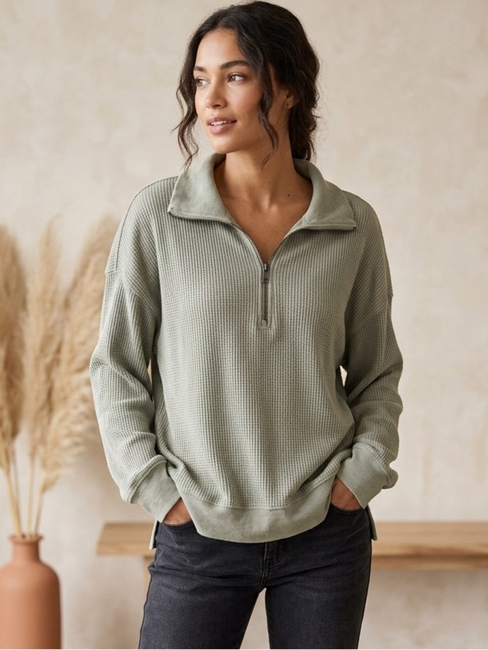 Green Waffle Knit Quarter Zip Pullover Top